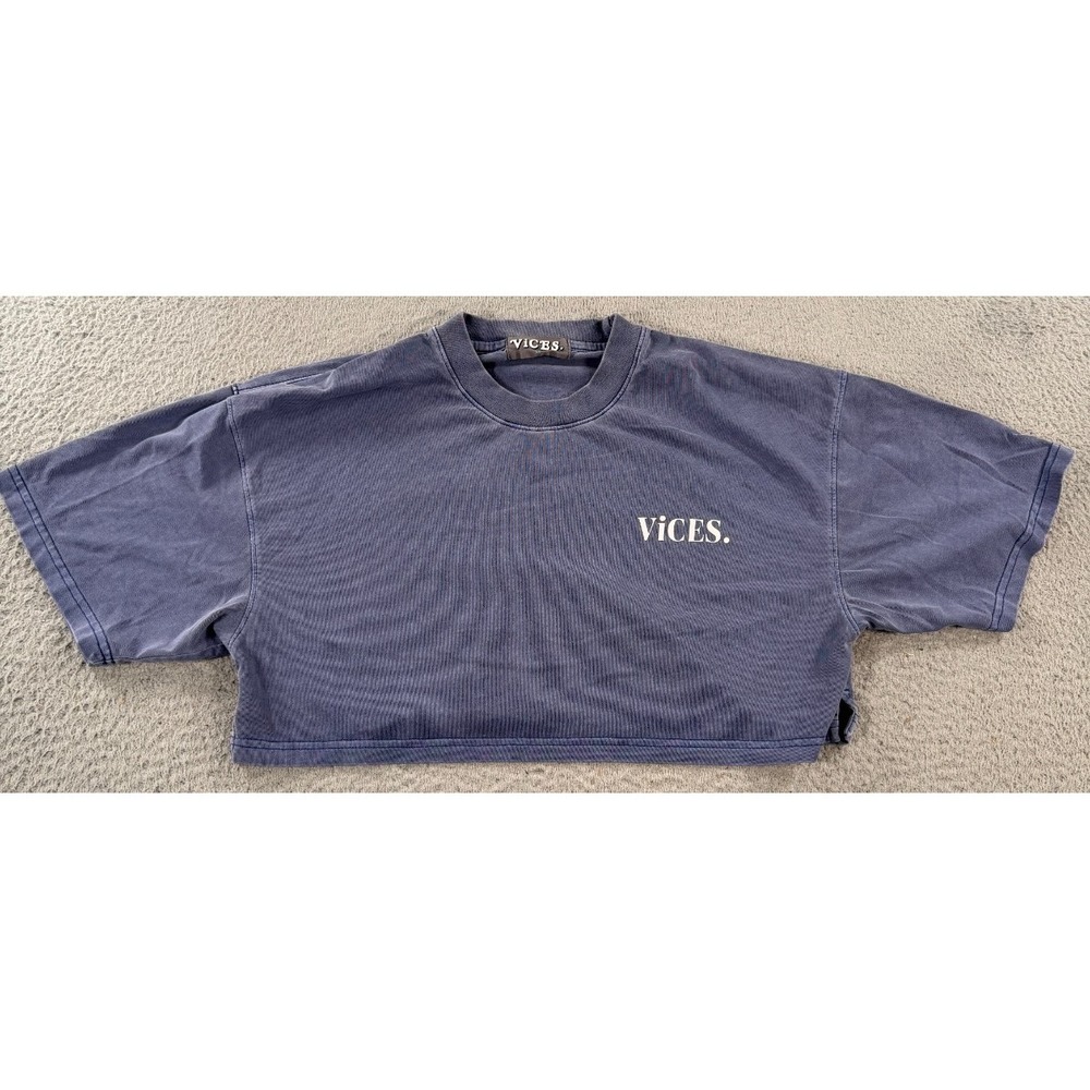 Vices Shirt Women's XS Blue‎ Cropped Crew Neck Spell Out Logo Short Sleeve